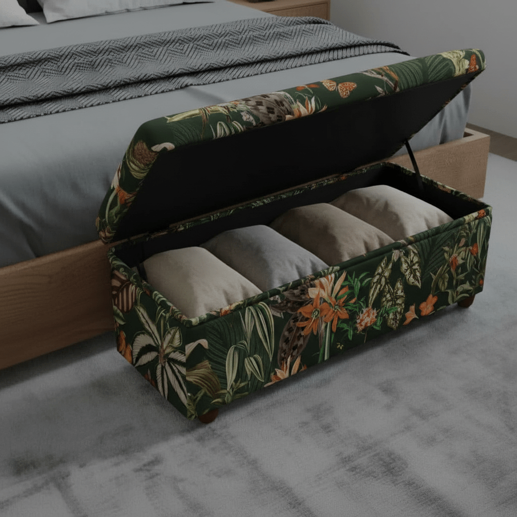 Premium Rectangular Storage Bench End of Bed Botanical Motif UK - ISTOOLS