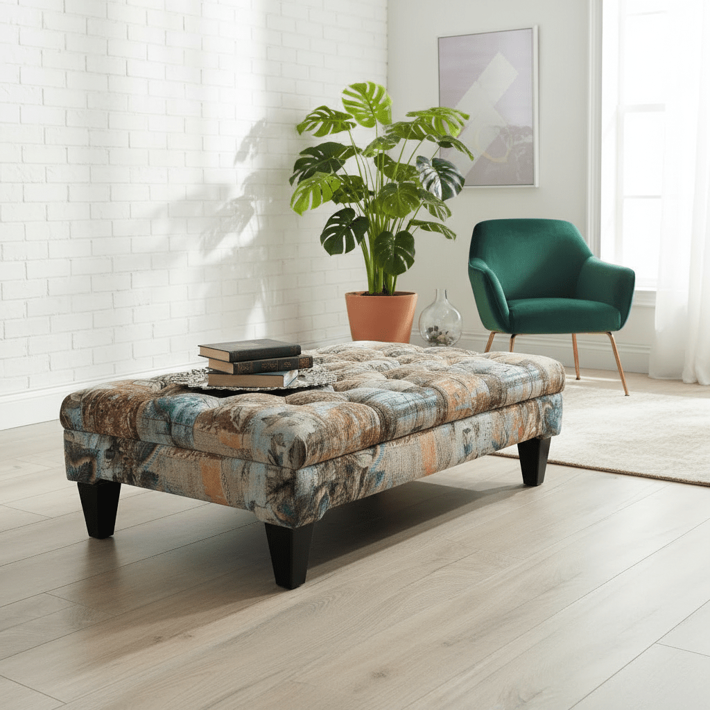 Premium Rectangular Upholstered Pouffe Artistic Motif UK - ISTOOLS