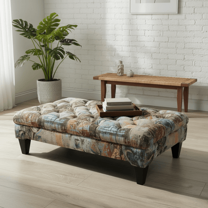 Premium Rectangular Upholstered Pouffe Artistic Motif UK - ISTOOLS