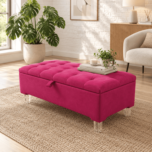 Premium Red-Pink Velvet Storage Ottoman Bench – Multi-Function Footrest & Coffee Table - ISTOOLS