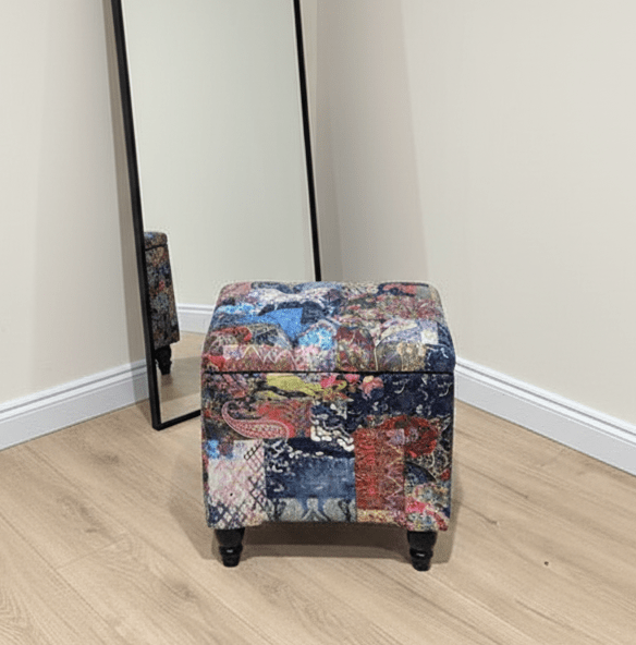 Hidden Storage Bench Ottoman in Multicolour Damask Fabric - ISTOOLS