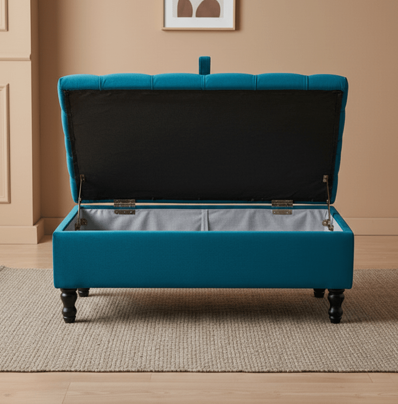 Stylish aqua velvet ottoman bench for UK home décor - ISTOOLS