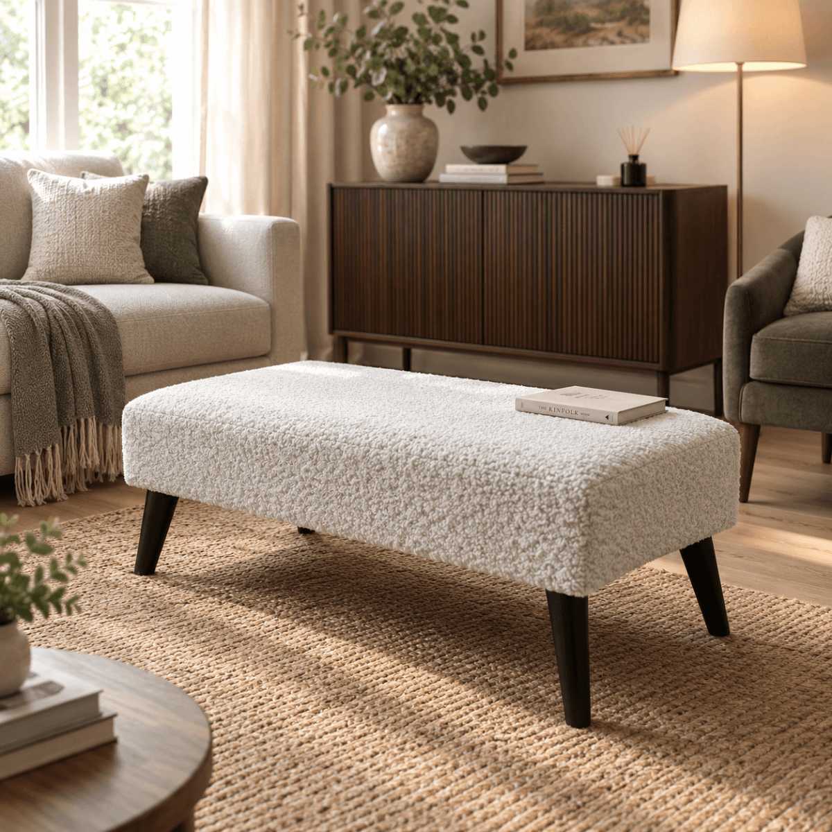 Premium Teddy Bear Fluffy Creamy White Footstool Coffee Table Ottoman – Soft Plush, Stylish & Non-Storage - ISTOOLS