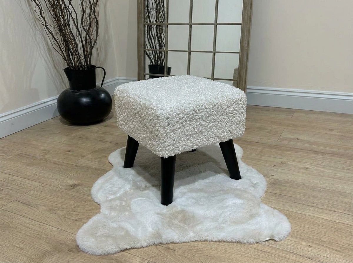 Premium Teddy Bear Fluffy Creamy White Footstool Coffee Table Ottoman – Soft Plush, Stylish & Non - Storage - ISTOOLS