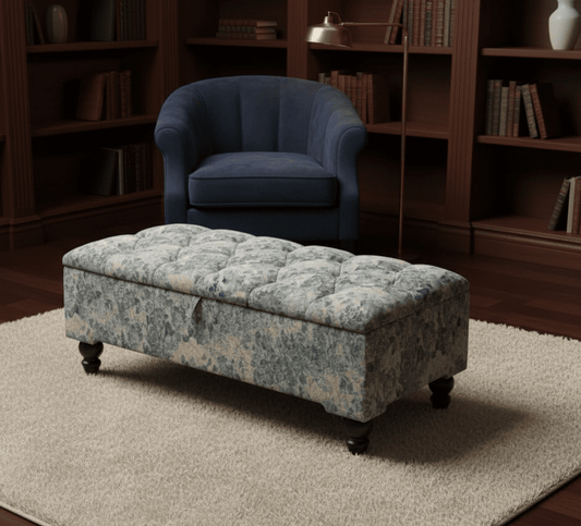 Premium white and blue floral soft cotton ottoman bench for living room décor - ISTOOLS