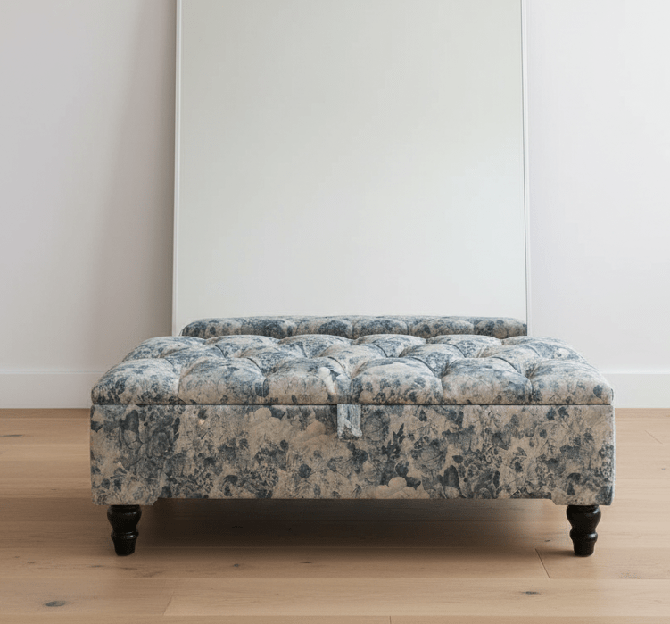 White and blue floral patterned cotton ottoman bench for bedroom use - ISTOOLS