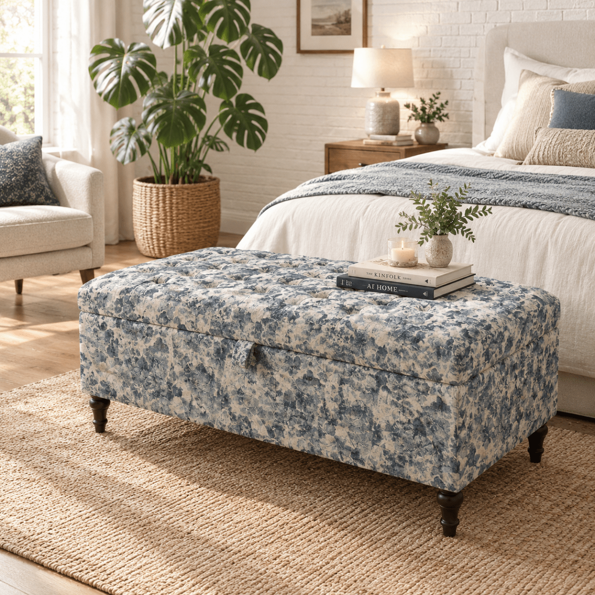 Premium White & Blue Floral Soft Cotton Ottoman Bench – Upholstered Seating & Storage - ISTOOLS