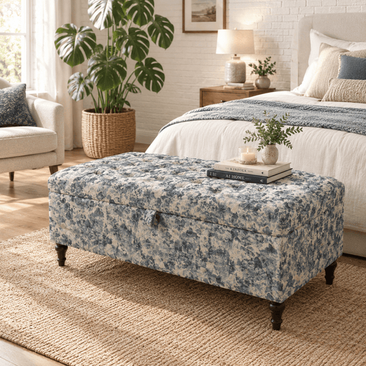 Premium White & Blue Floral Soft Cotton Ottoman Bench – Upholstered Seating & Storage - ISTOOLS