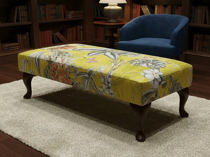 Premium Zen Floral Footstool Ottoman – Yellow Bird Print Pouffe Footrest for Living Room Decor - ISTOOLS