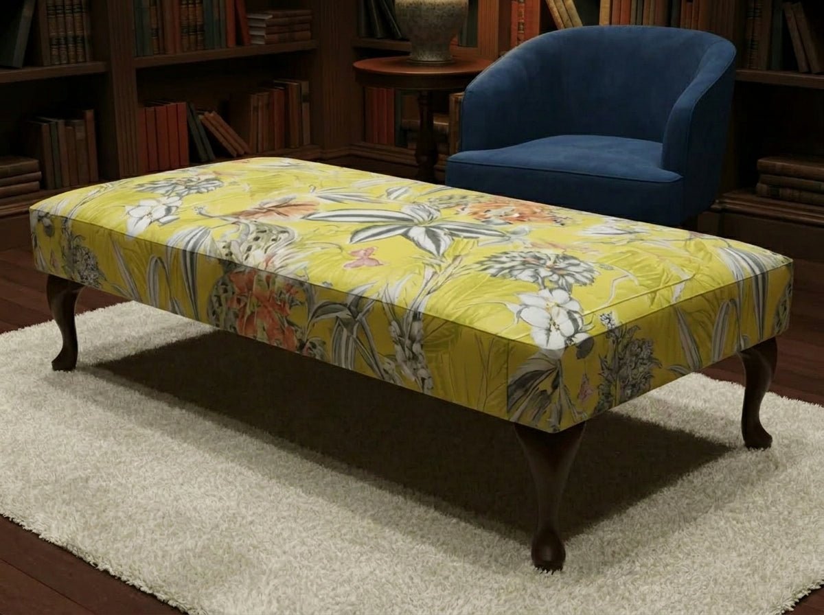 Premium Zen Floral Footstool Ottoman – Yellow Bird Print Pouffe Footrest for Living Room Decor - ISTOOLS