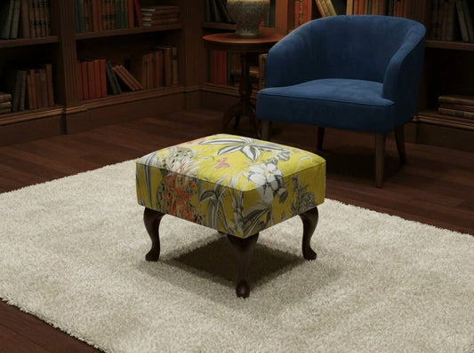 Premium Zen Floral Footstool Ottoman – Yellow Bird Print Pouffe Footrest for Living Room Decor - ISTOOLS