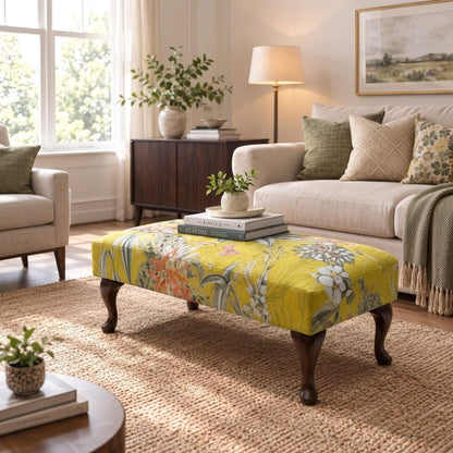 Premium Zen Floral Footstool Ottoman – Yellow Bird Print Pouffe Footrest for Living Room Decor - ISTOOLS