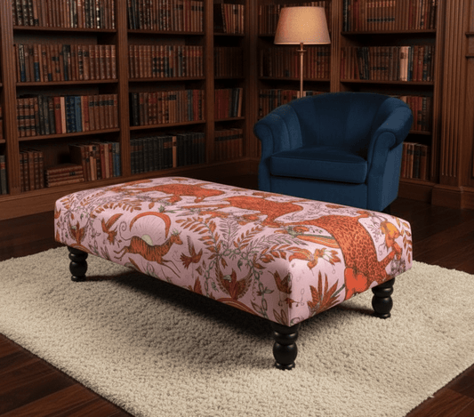 Printed Fabric Bespoke Footstool in Blue Velvet by ISTOOLS UK - ISTOOLS