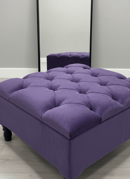 Multi-purpose purple velvet ottoman footrest with storage lid open - ISTOOLS