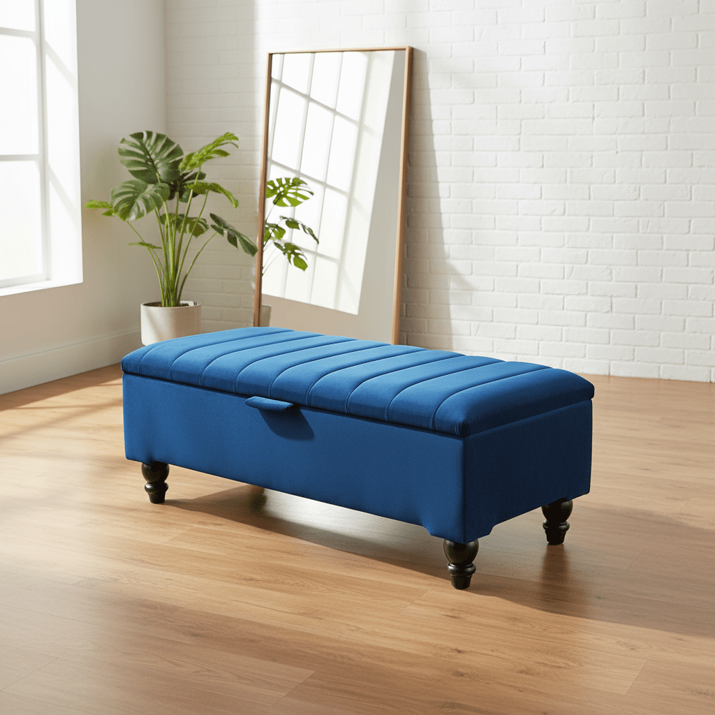 Large velvet storage ottoman seat with wooden legs for bedroom - ISTOOLS