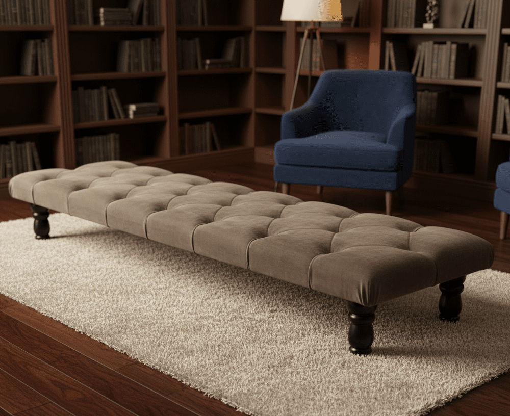 Rectangular sand coloured Chesterfield footstool in modern living room - ISTOOLS