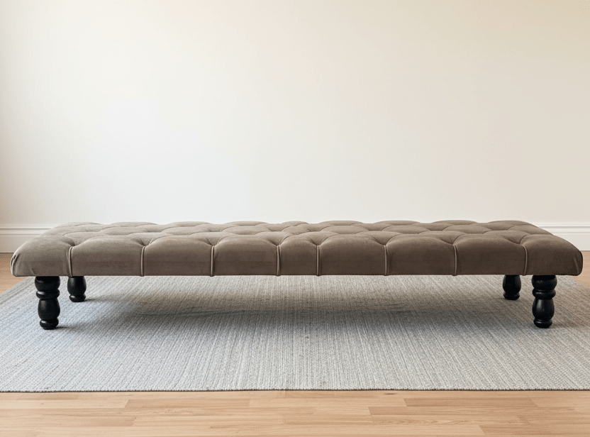 Elegant diamond tufted footstool with solid wooden legs - ISTOOLS