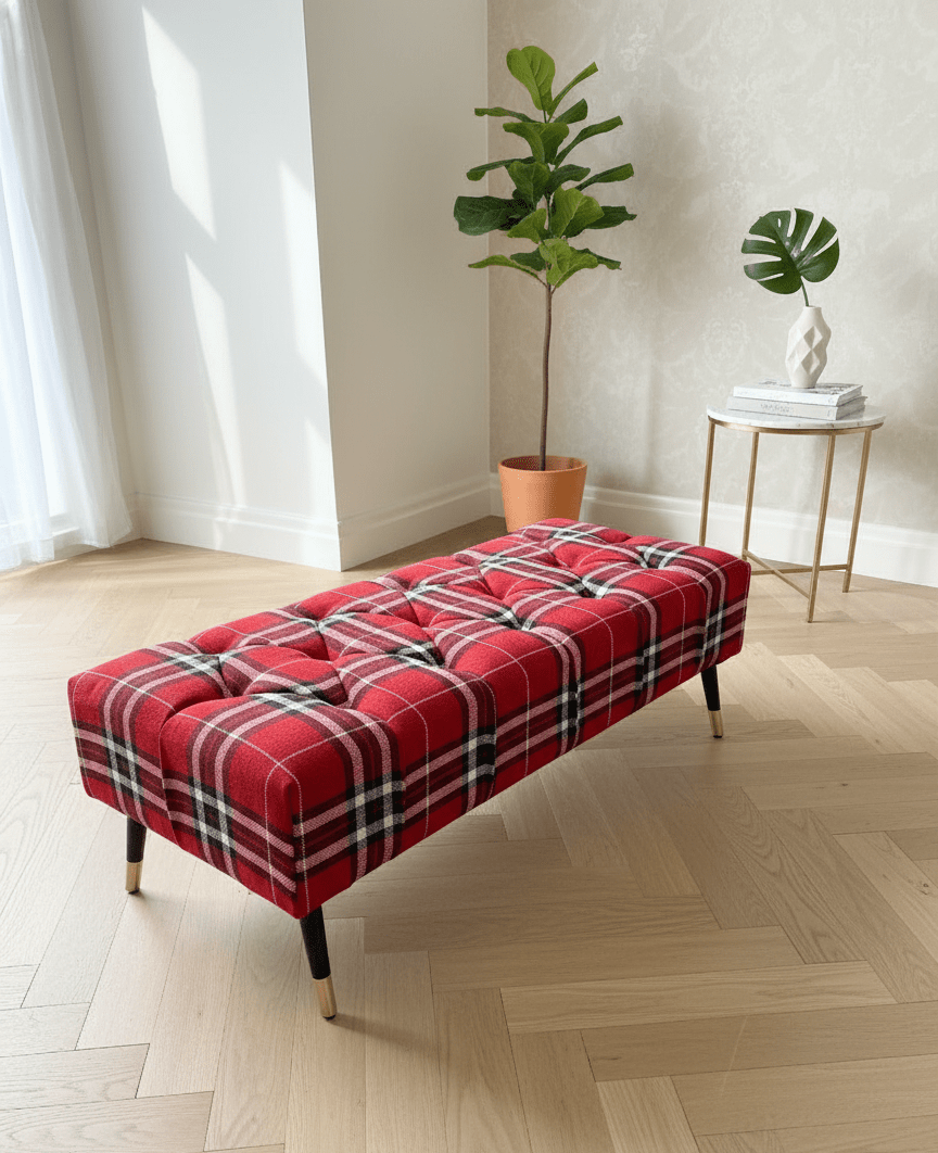 Red & Black Tartan Upholstered Footstool | Red Tartan Footstool Pouffe - ISTOOLS