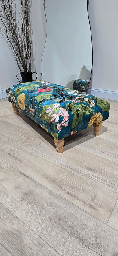 Floral Printed Footstool Luxurious Fabric Bench