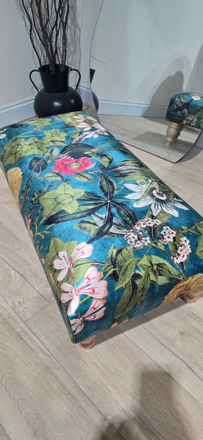 Floral Printed Footstool Luxurious Fabric Bench