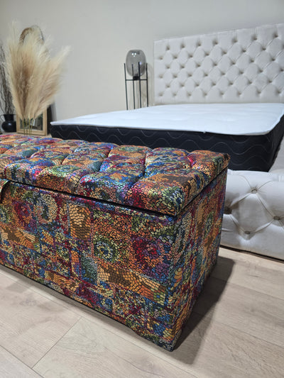 Stained glass embossed multi colour end of bed storage Ottoman,  bay window seat