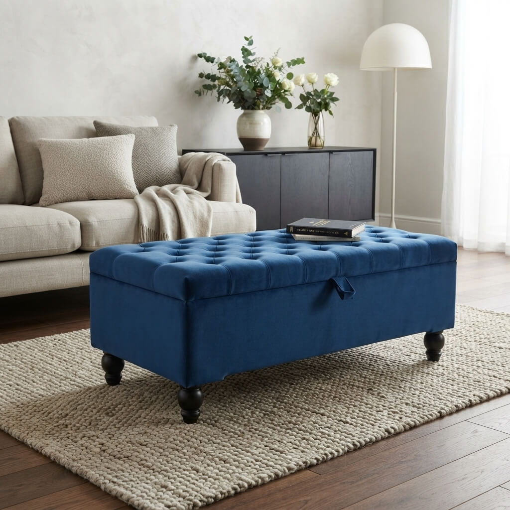 Royal Blue Velvet Storage Ottoman Bench | Handmade UK Bed End Storage Box & Coffee Table - ISTOOLS