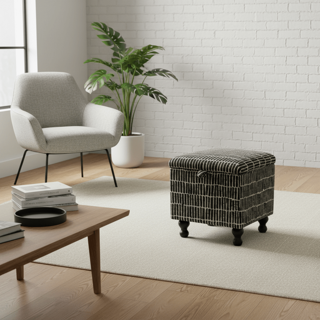 Scion - Hikari Fabric Midnight Small Storage Ottoman – Multi - Purpose Coffee Table & Footstool - ISTOOLS