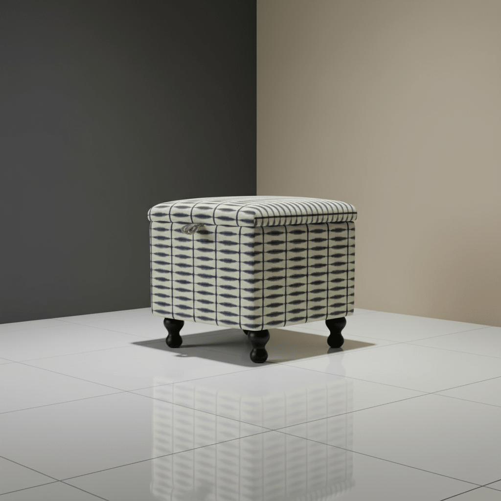 Scion – Shibori Fabric Indigo Linen Small Storage Ottoman – Multi - Purpose Coffee Table & Footstool - ISTOOLS