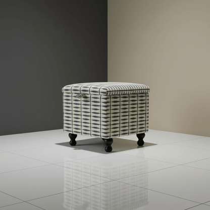 Scion – Shibori Fabric Indigo Linen Small Storage Ottoman – Multi - Purpose Coffee Table & Footstool - ISTOOLS