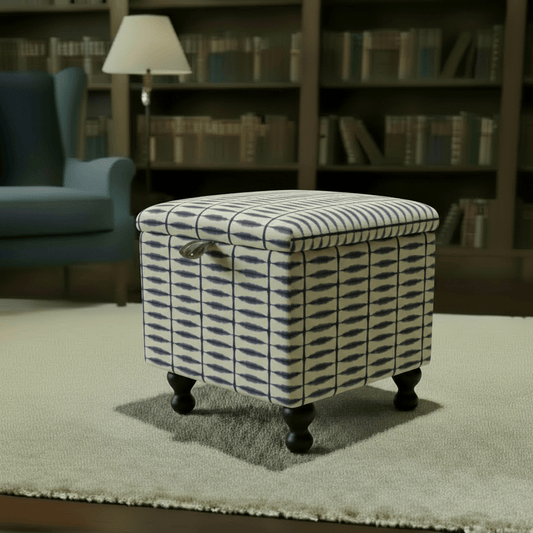 Scion – Shibori Fabric Indigo Linen Small Storage Ottoman – Multi - Purpose Coffee Table & Footstool - ISTOOLS