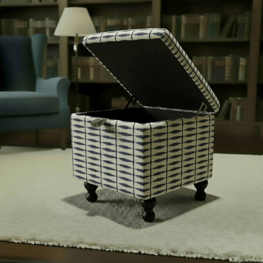 Scion – Shibori Fabric Indigo Linen Small Storage Ottoman – Multi - Purpose Coffee Table & Footstool - ISTOOLS