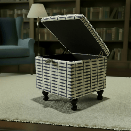 Scion – Shibori Fabric Indigo Linen Small Storage Ottoman – Multi - Purpose Coffee Table & Footstool - ISTOOLS