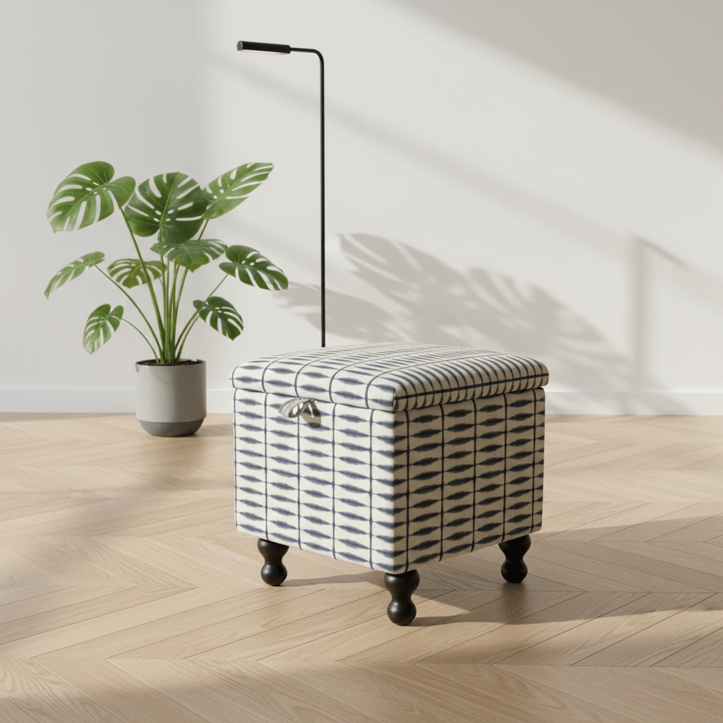 Scion – Shibori Fabric Indigo Linen Small Storage Ottoman – Multi - Purpose Coffee Table & Footstool - ISTOOLS