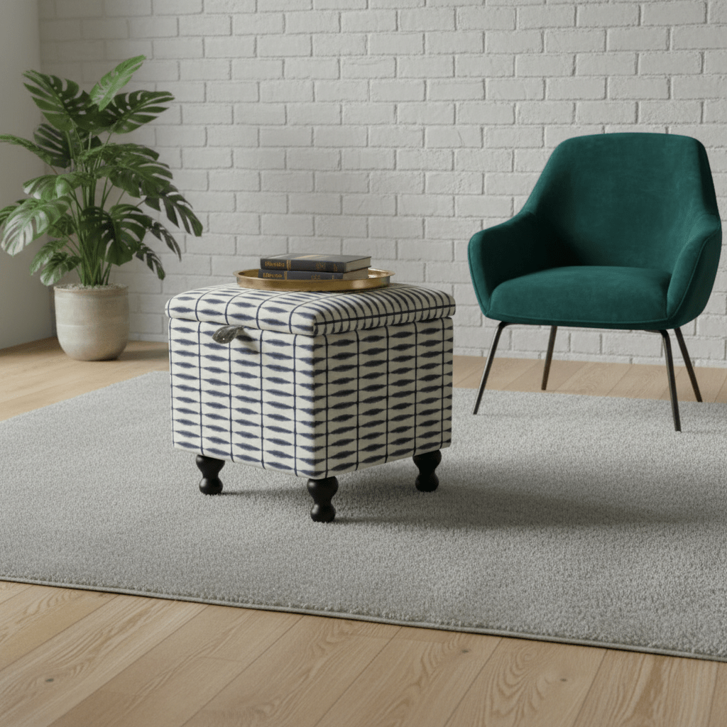 Scion – Shibori Fabric Indigo Linen Small Storage Ottoman – Multi - Purpose Coffee Table & Footstool - ISTOOLS