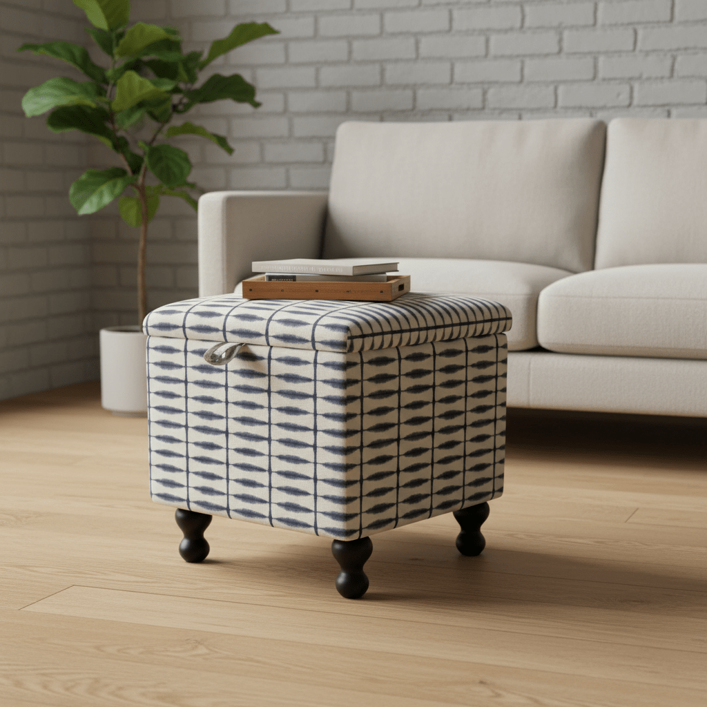 Scion – Shibori Fabric Indigo Linen Small Storage Ottoman – Multi - Purpose Coffee Table & Footstool - ISTOOLS