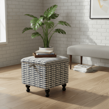 Scion – Shibori Fabric Indigo Linen Small Storage Ottoman – Multi - Purpose Coffee Table & Footstool - ISTOOLS