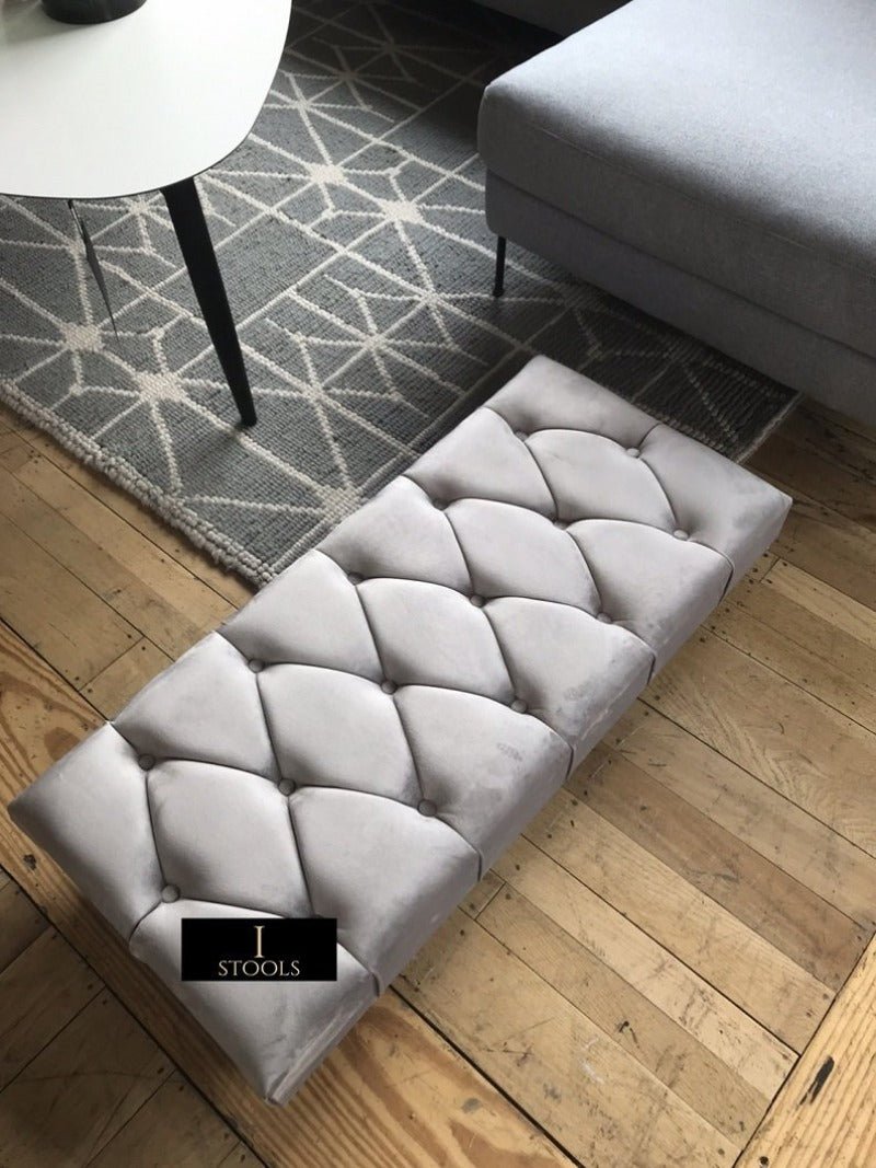 Silver Chesterfield Footstool | Light Grey Velvet Footstool | Light Grey Pouffe - ISTOOLS