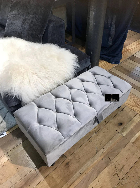 Silver Ottoman Coffee Table Storage Bench | Light Grey Chesterfield Footstool - ISTOOLS