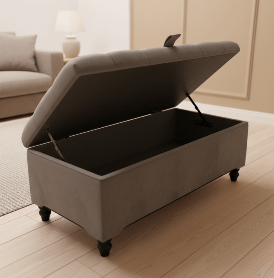Silver Ottoman Coffee Table Storage Bench | Light Grey Chesterfield Footstool - ISTOOLS