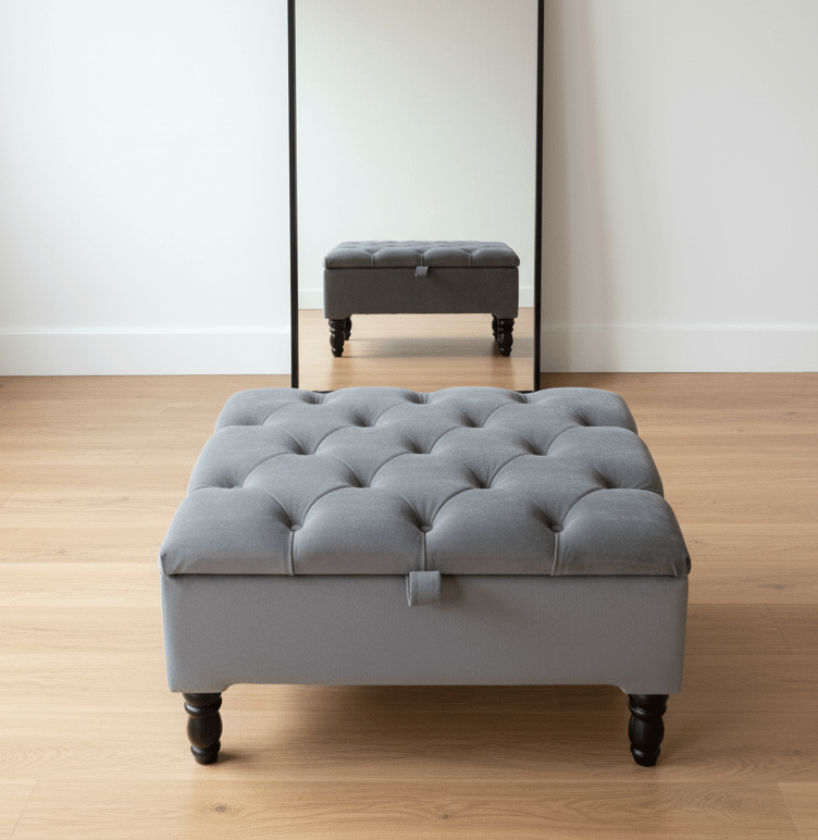 Silver Square Coffee Table Ottoman Storage | Grey Chesterfield Stool - ISTOOLS