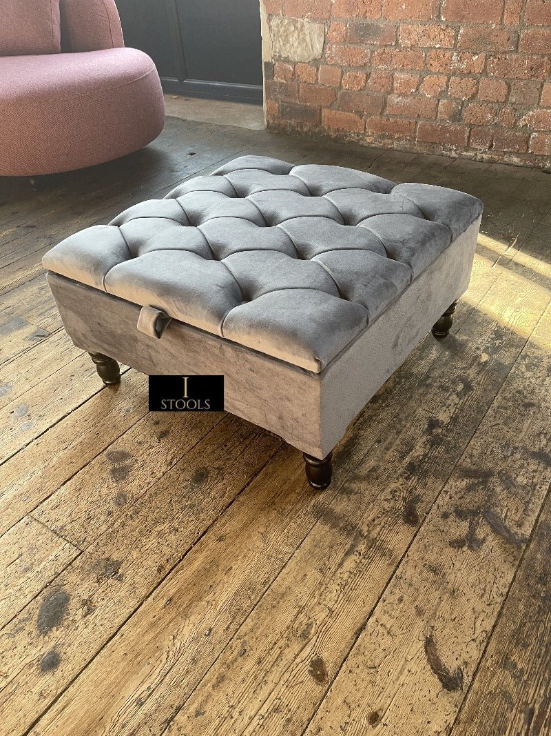 Silver Square Coffee Table Ottoman Storage | Grey Chesterfield Stool - ISTOOLS