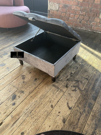 Silver Square Coffee Table Ottoman Storage | Grey Chesterfield Stool - ISTOOLS