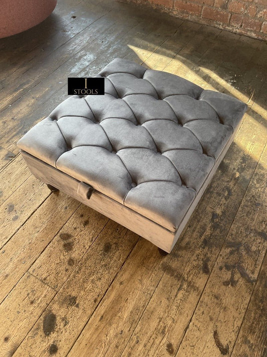 Silver Square Coffee Table Ottoman Storage | Grey Chesterfield Stool - ISTOOLS