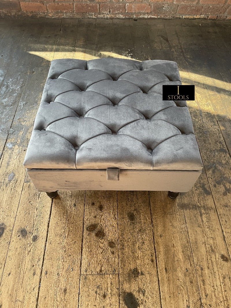 Silver Square Coffee Table Ottoman Storage | Grey Chesterfield Stool - ISTOOLS