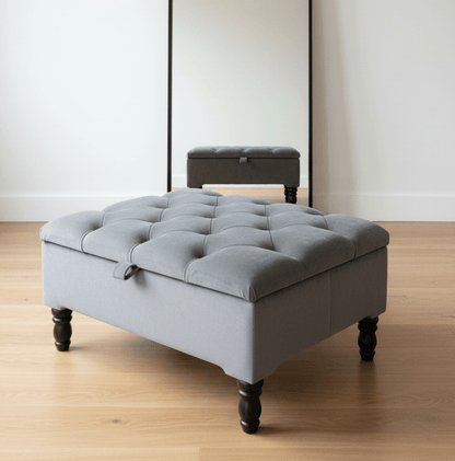 Grey Chesterfield storage bench ottoman with button tufted velvet - ISTOOLS