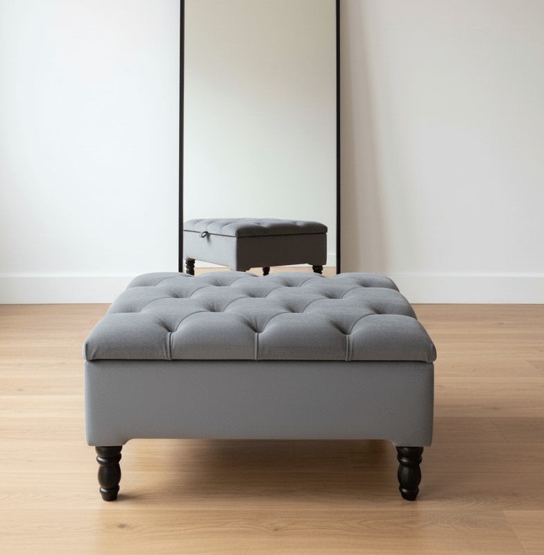 Elegant grey Chesterfield ottoman storage for living room seating - ISTOOLS