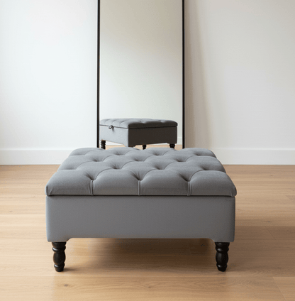 Elegant grey Chesterfield ottoman storage for living room seating - ISTOOLS