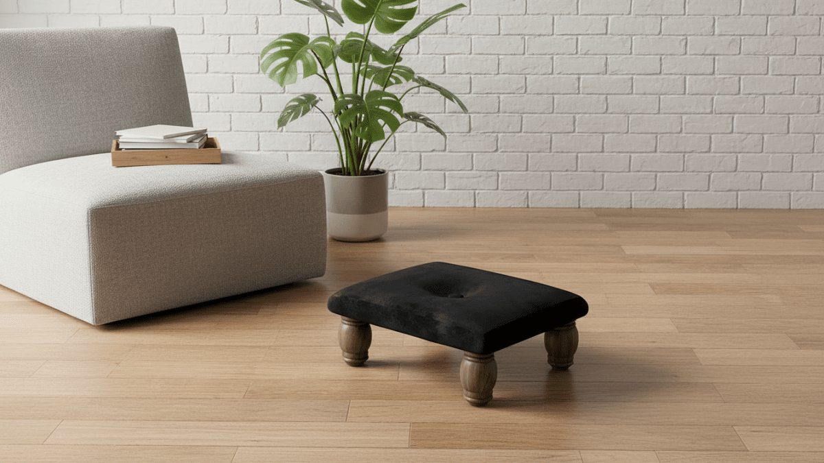 Small Black Footrest Pouffe – Handmade Velvet Ottoman for Living Room Comfort - ISTOOLS