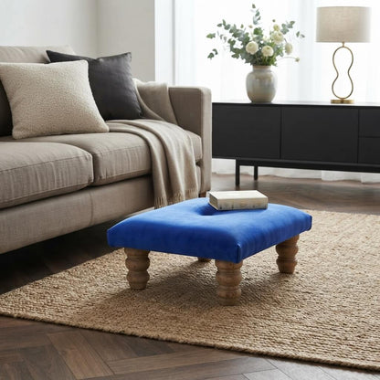 Small Blue Footrest Pouffe – Handmade Velvet Ottoman UK - ISTOOLS