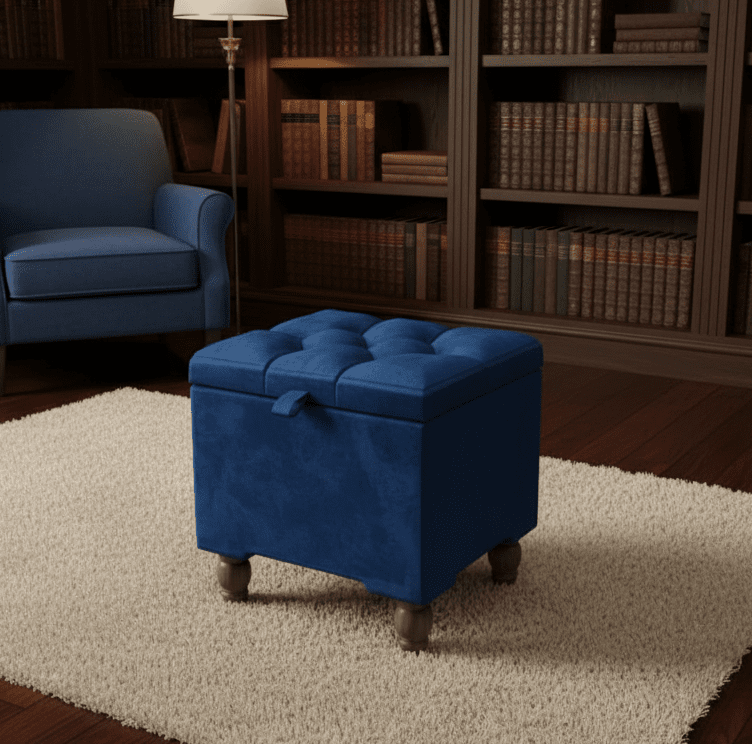 Navy Blue Velvet Storage Pouffe – Coffee Table Footrest with Hidden Storage UK - ISTOOLS